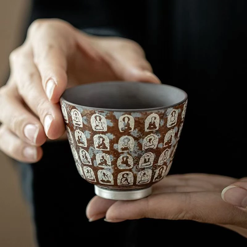 复古陶瓷茶杯万佛描银柴烧铁胎铃铛杯主人杯品茗杯单杯复古铃铛杯