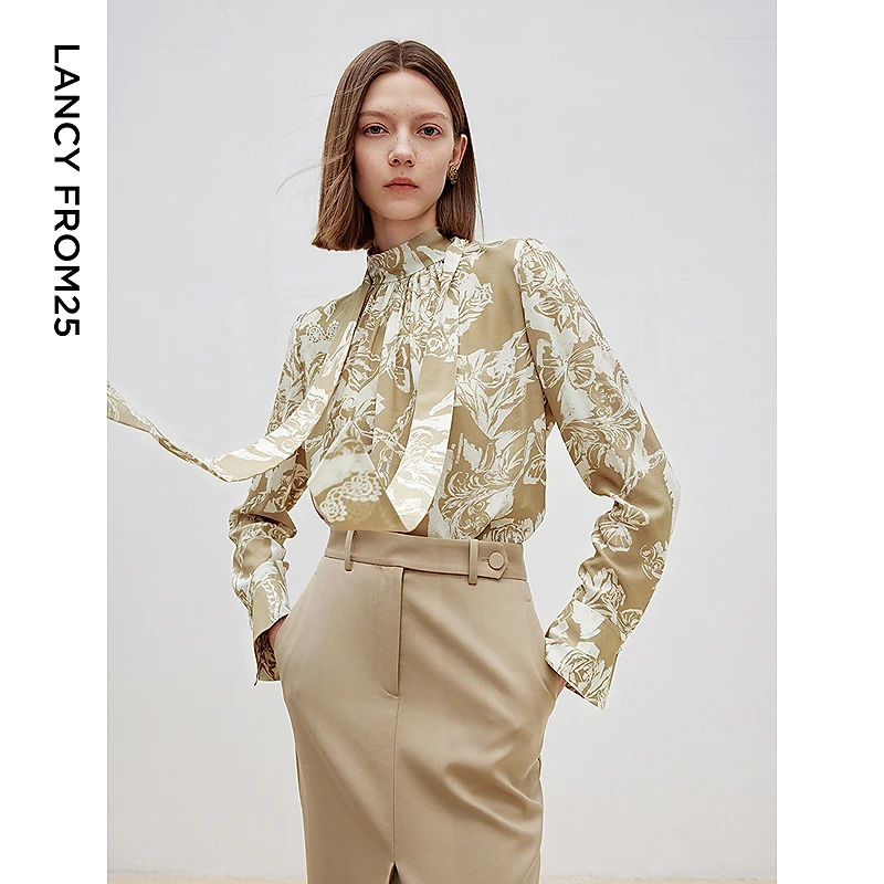 「欧若智性风」朗姿法式飘带立领复古高级感设计感长袖衬衫上衣女20