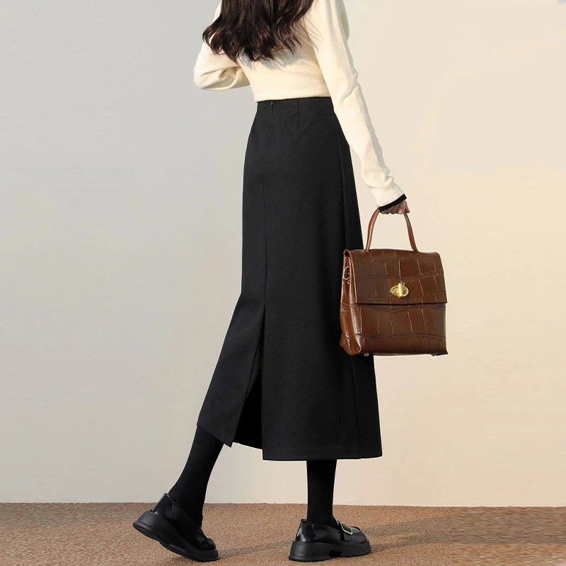 黑色毛呢半身裙女春秋季2025新款高腰显瘦复古开叉西装a字长裙子