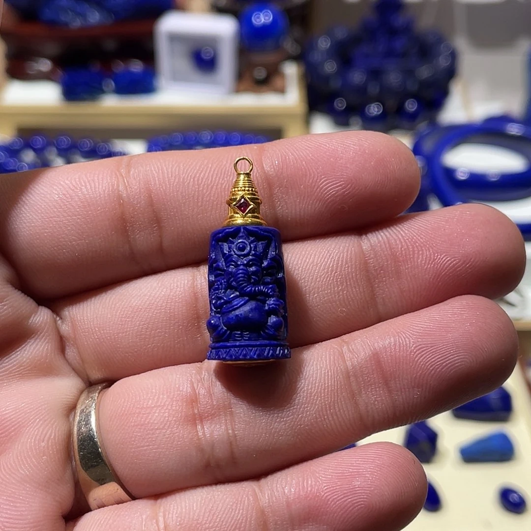 青金石18K金镶嵌象神吊坠