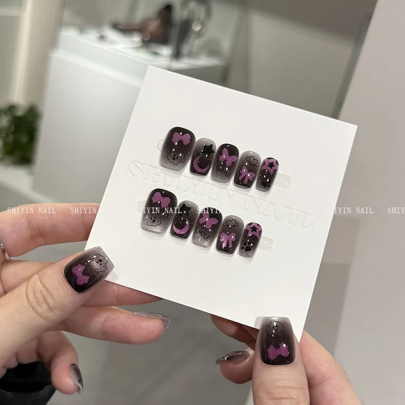 CPY-103 米娜猫眼穿戴甲黑粉星月蝴蝶指甲显白甜酷甲片可拆卸成品