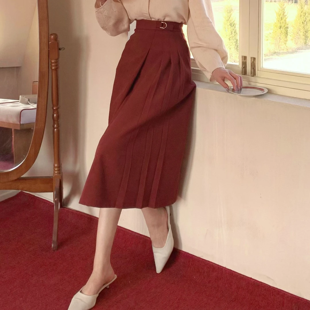 丁佳欣【初霞】港风复古纯色半身裙显瘦高腰百搭裙子JS1113143