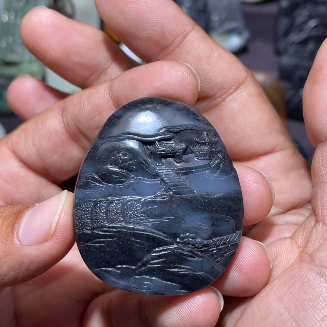 和田玉未镶嵌颈饰新疆和田玉青花山水牌男女同款