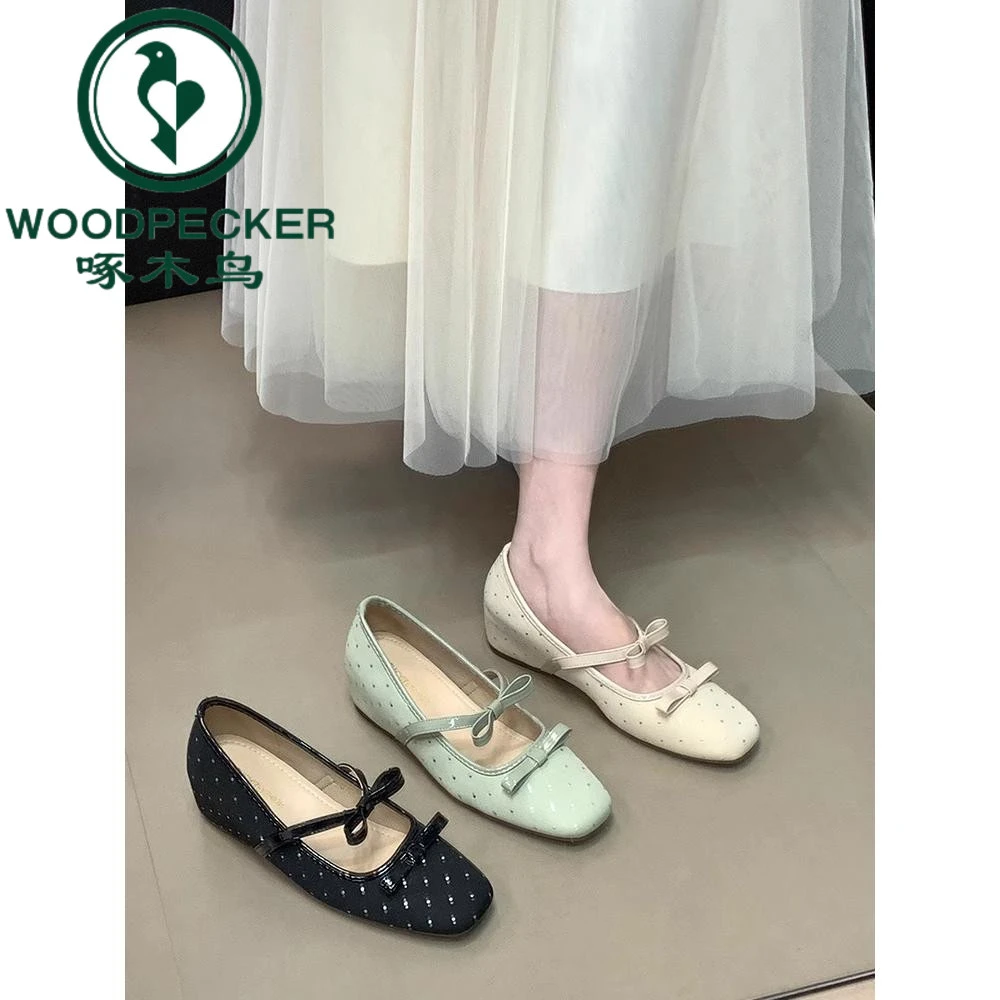 啄木鸟温柔方头浅口玛丽珍单鞋女新款双蝴蝶结内增高百搭通勤瓢鞋