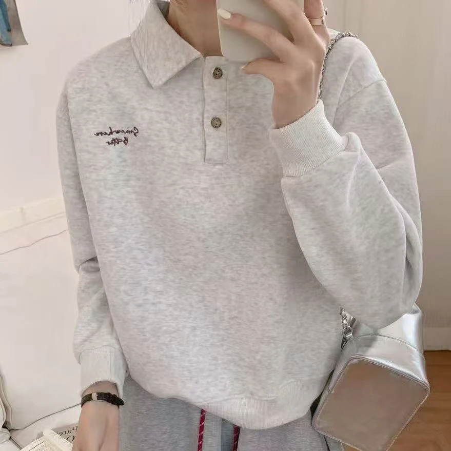 【小木南】棒棒糖春季新款时尚百搭小翻领刺绣简约短款卫衣7075