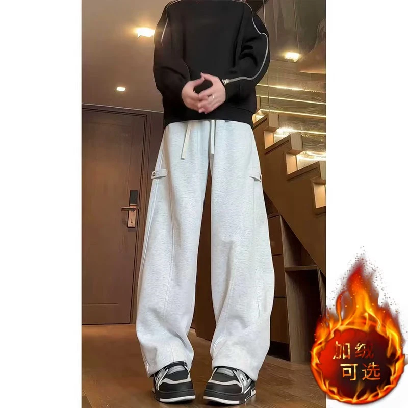 B-K-F秋冬加绒2025运动裤男女同款美式直筒休闲弯刀卫裤