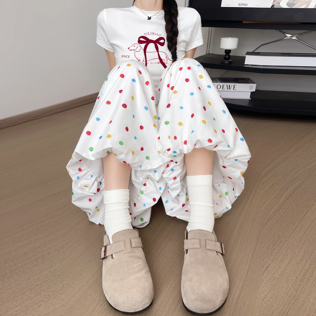 彩色波点冰丝花苞裙裤女夏季薄款高腰休闲灯笼裤宽松垂感阔腿裤子