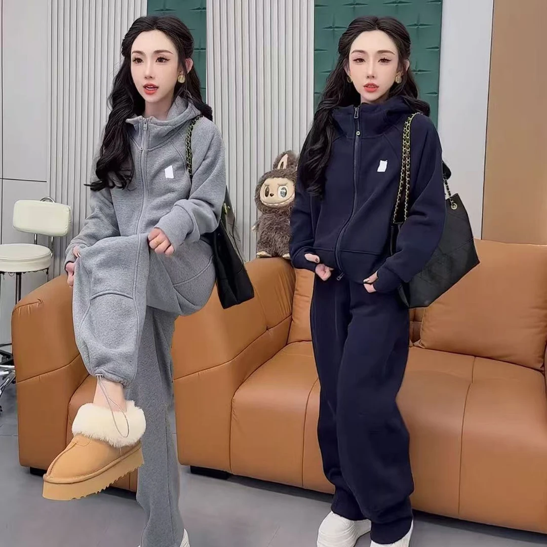 2025秋冬新款加绒加厚运动套装女连帽卫衣长裤保暖洋气休闲两件套