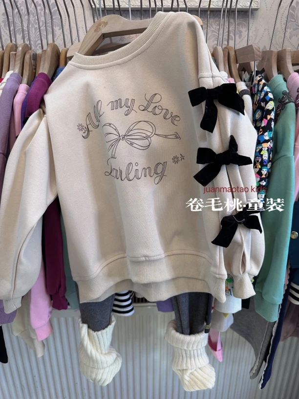 卷毛桃2025春蝴蝶结袖圆领卫衣