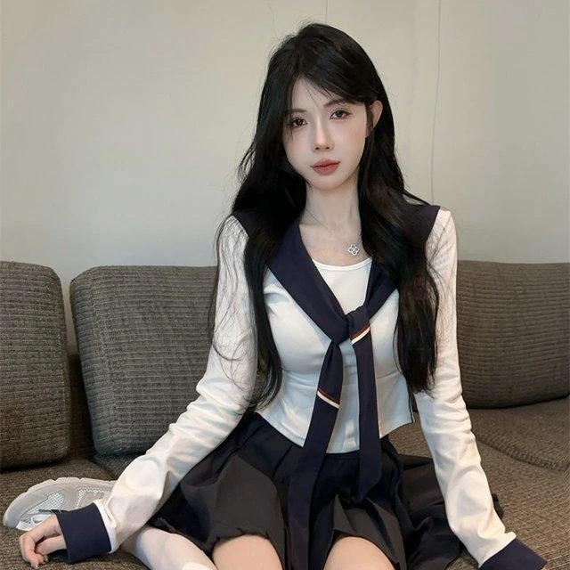 韩系学院风套装女早秋季海军领长袖针织上衣高腰百褶半身裙两件套