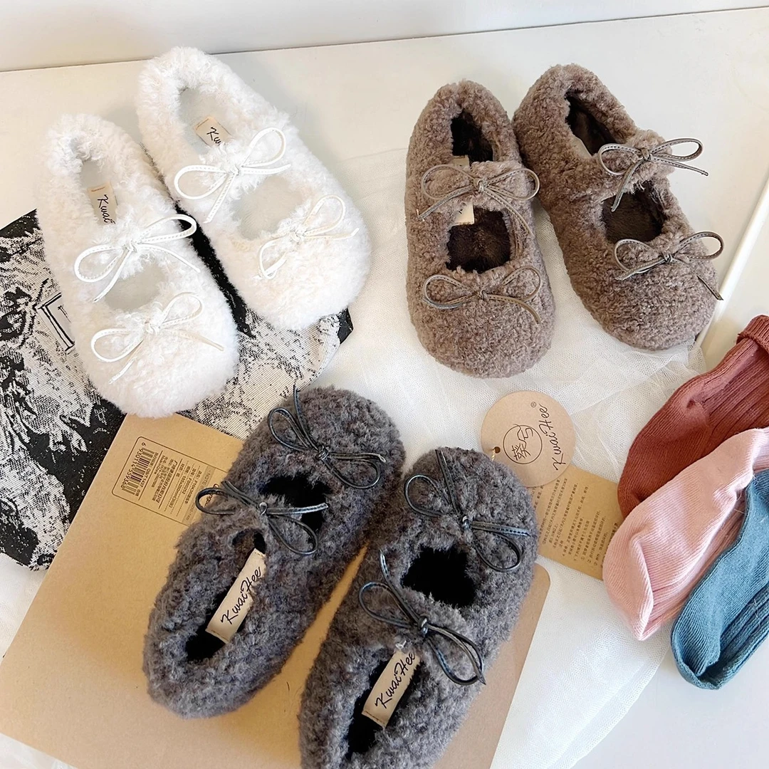 N22462韩国毛毛鞋冬季女童软底蝴蝶结加绒公主鞋甜美外穿二棉鞋