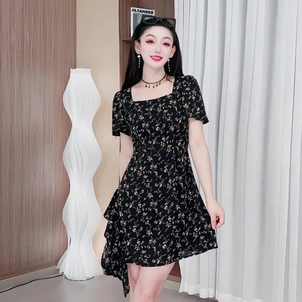 3638法式感少女碎花裙小个子夏季显瘦不规则设计高级女士连衣裙
