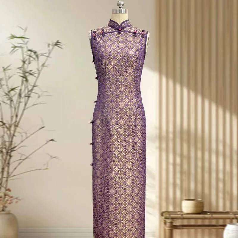 7999-高端旗袍紫色长款港风全开襟无袖复古国风修身显瘦日常时尚
