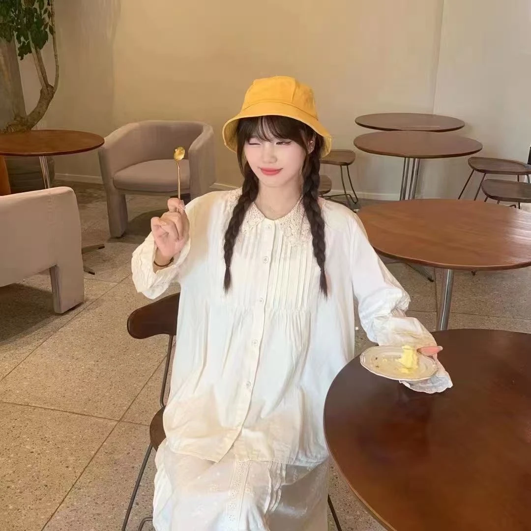 韩版时尚镂空勾花娃娃领刺绣衬衫女宽松百搭纯色长袖衬衣I13