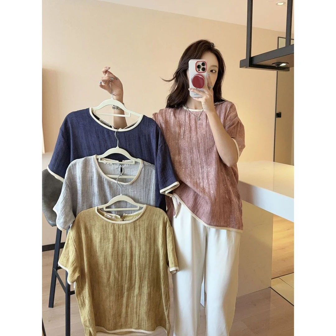 【主播推荐】女士亚麻知性休闲花边短袖衫81777