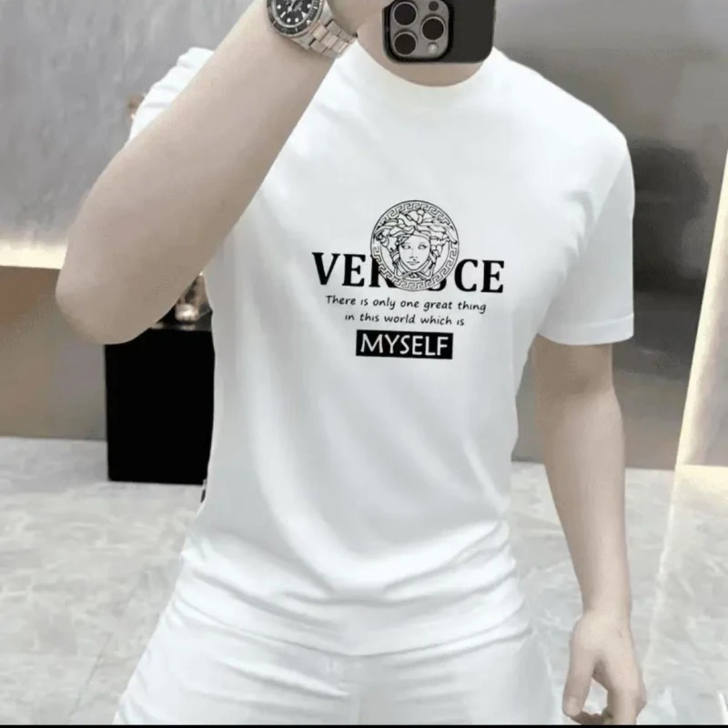 潮牌新款纯棉短袖T恤男士微修身休闲时尚半截袖圆领潮流印花上衣