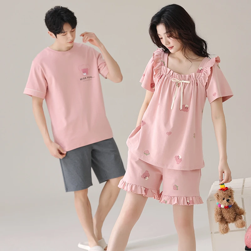 2套价 情侣睡衣夏季纯棉短袖睡裙韩版卡通家居服男士薄款全棉套装