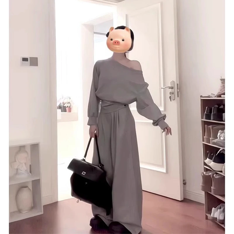 开春穿搭休闲运动套装2025春季新款女装灰色斜肩卫衣阔腿裤两件套