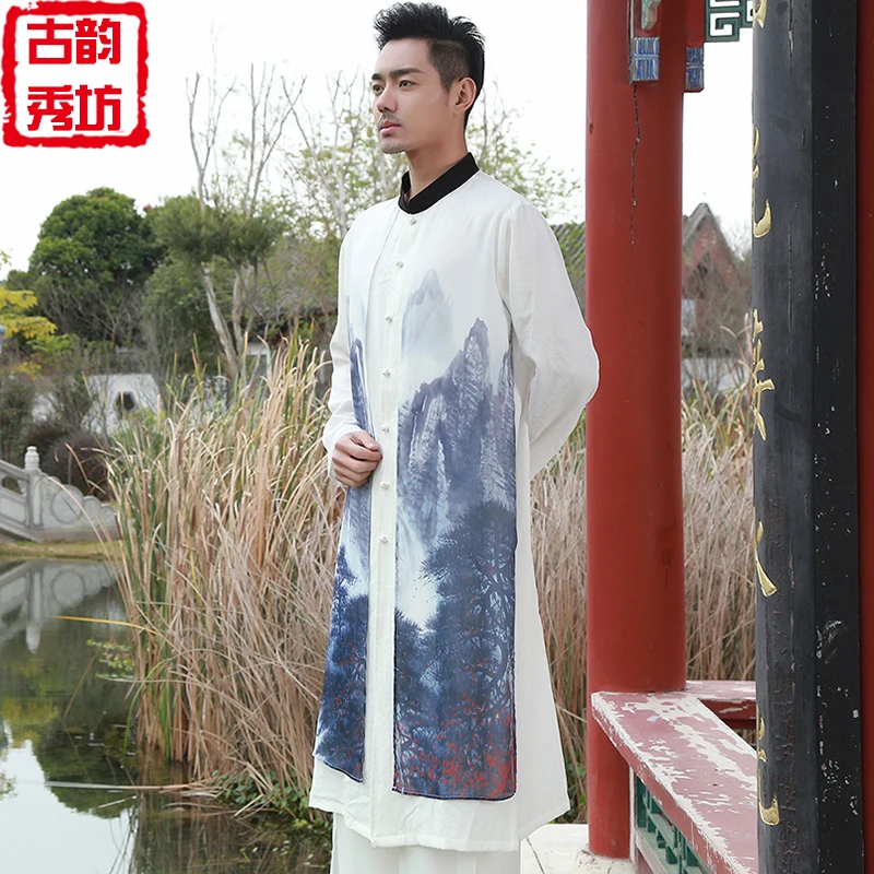 中式唐装太极服棉麻双层长衫风衣外套复古禅意茶服禅舞服长袍男