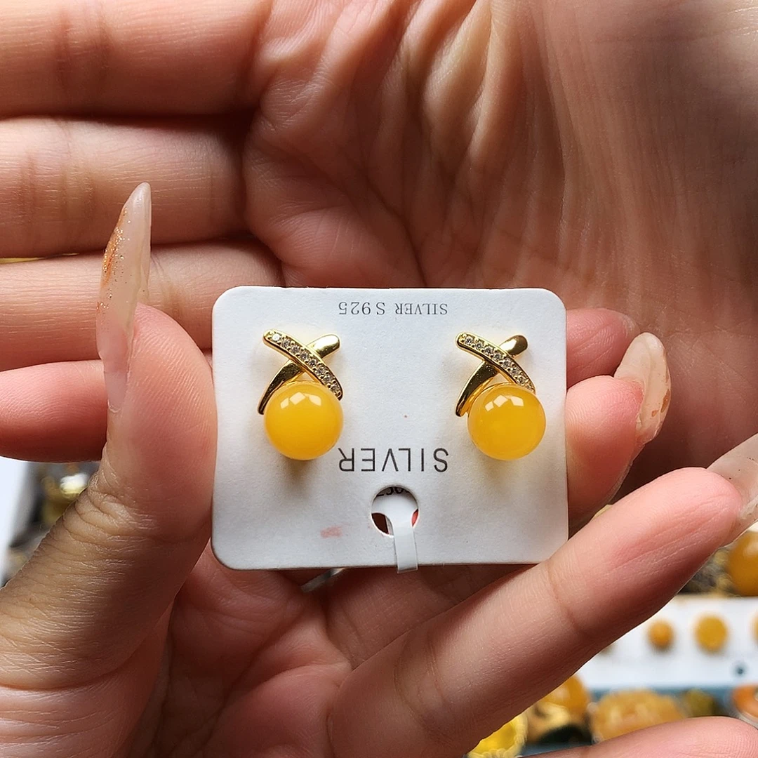 蜜蜡银S925镶嵌耳饰耳钉