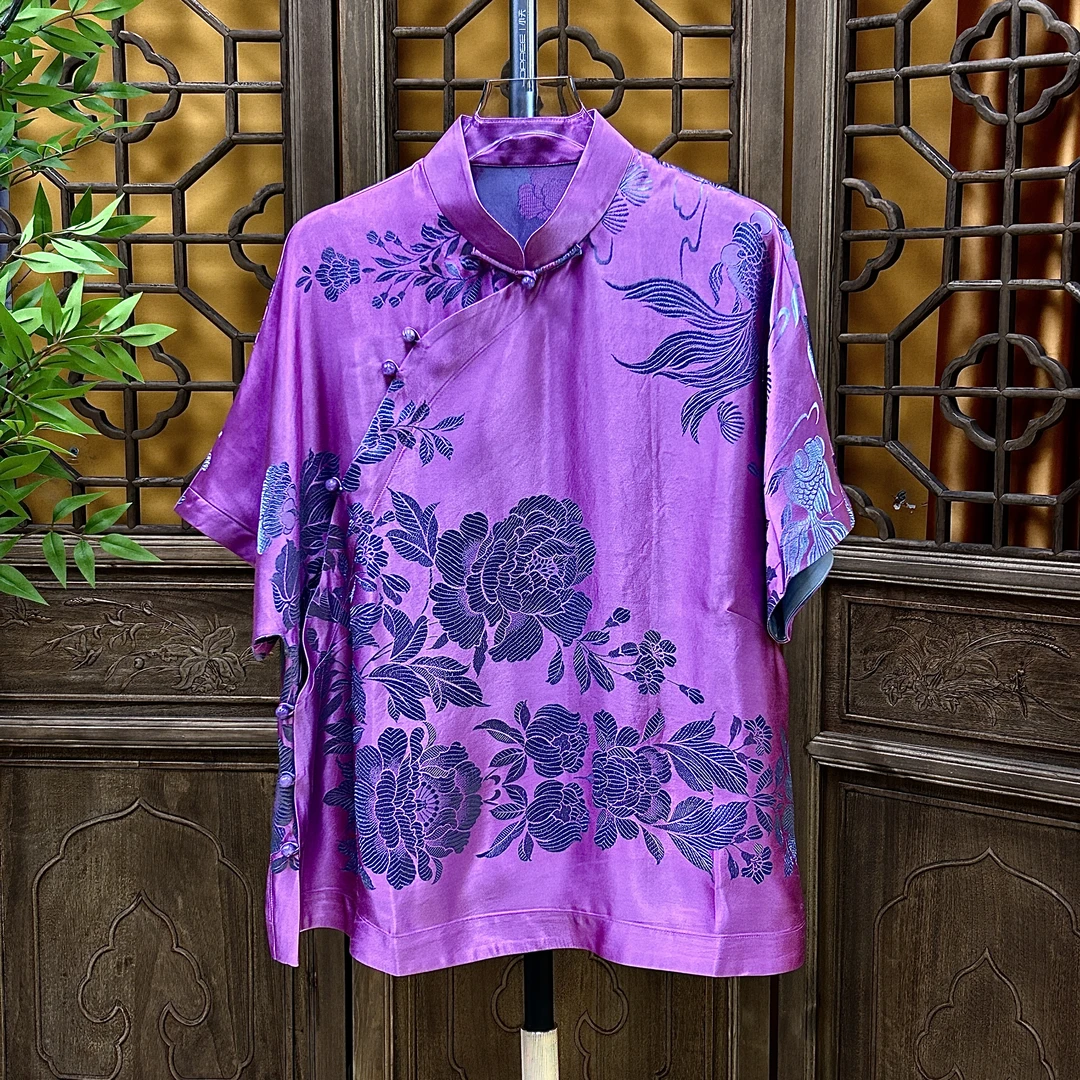 新中式国风桑蚕丝老软缎短袖立领衬衫上衣