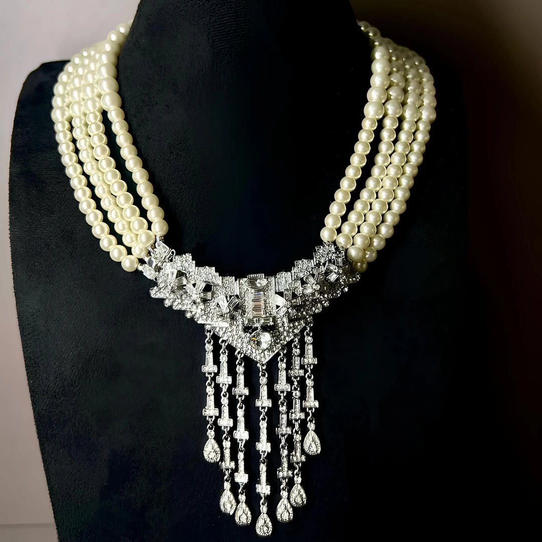 铜合金仿珍珠项链 复古宫廷法式双面叠戴法式天空之境项链