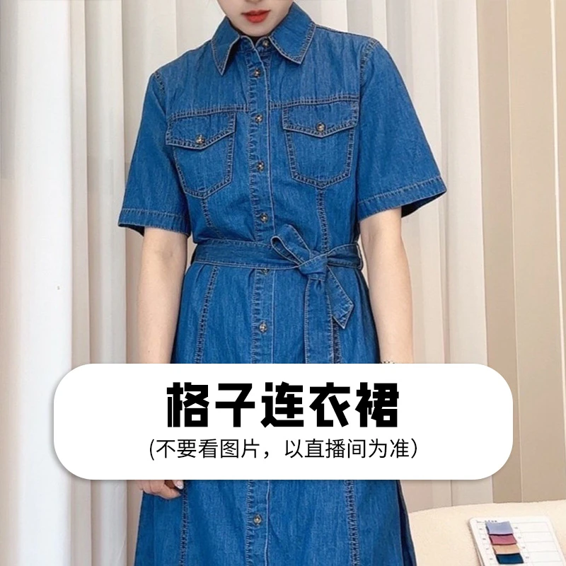 QZ818显瘦气质蓝色时尚休闲夏季复古收腰格子连衣裙