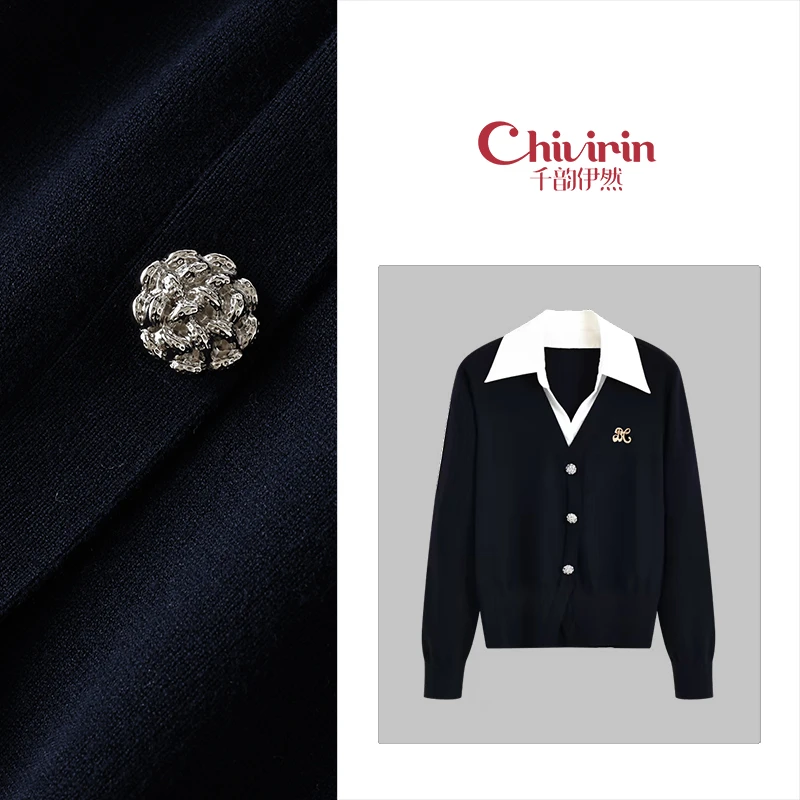 【千韵伊然】秋冬翻领假两件百搭时尚长袖针织衫上衣0514