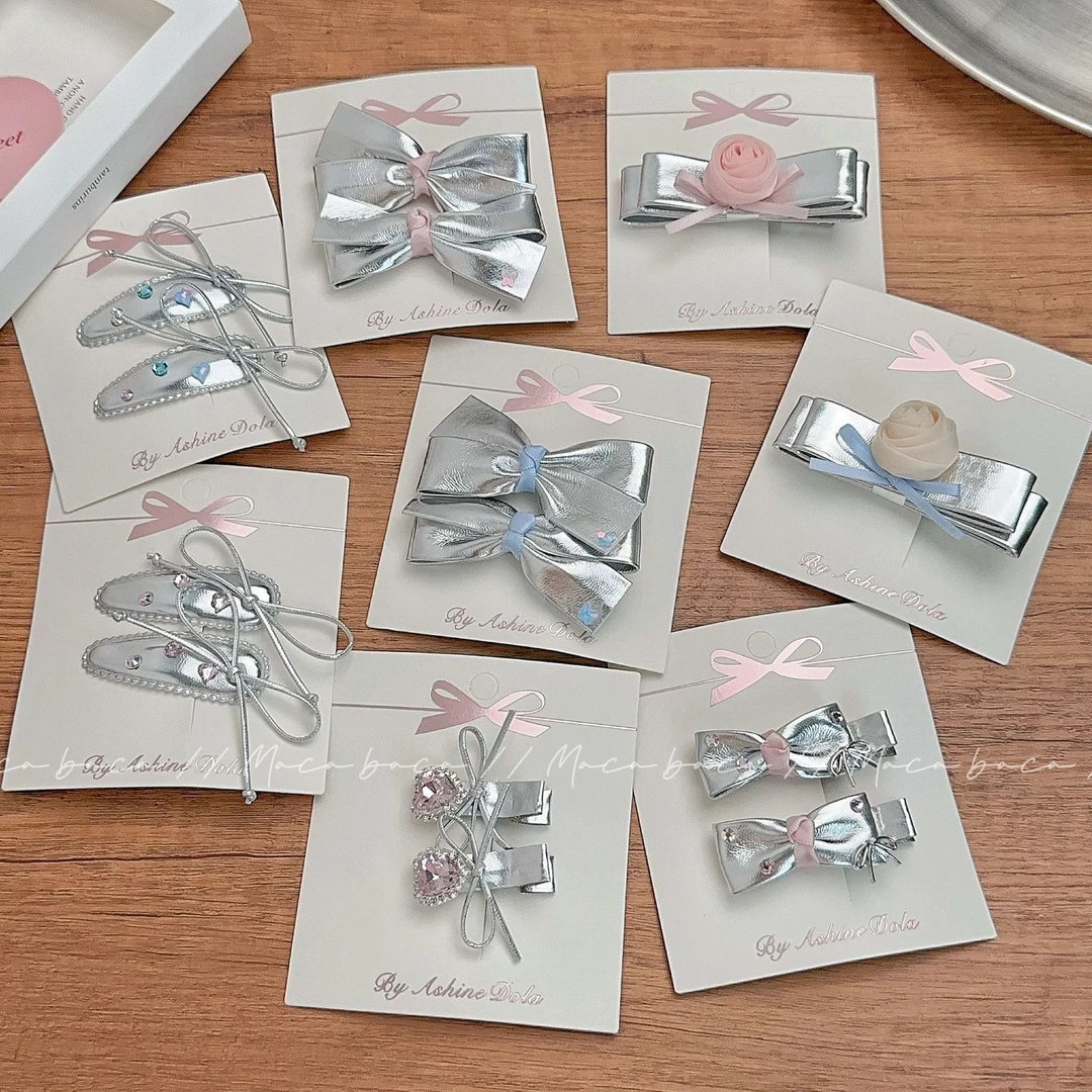 银色皮质烫钻蝴蝶结发夹粉色头饰玫瑰花发卡女童刘海边夹BB夹发饰