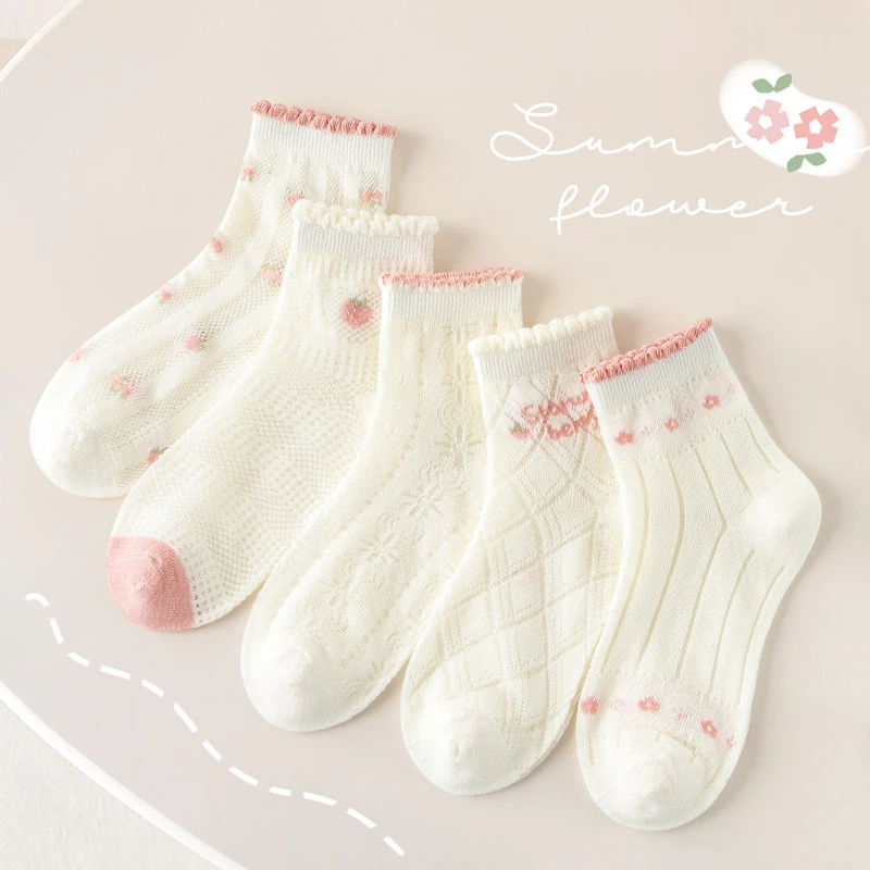 ins女童袜子春夏薄款花朵甜美透气网眼公主袜女孩袜子中大童棉袜