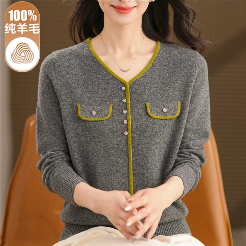 中年妈妈装纯羊毛衫女秋冬装新款毛衣宽松v领打底衫洋气针织上衣