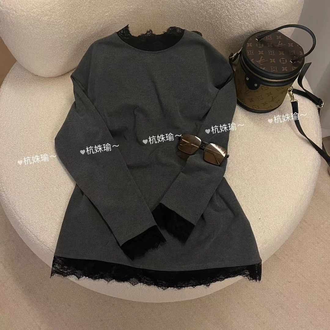 冬日推荐双面暖暖绒打底衫新款拼接蕾丝设计感小衫80102