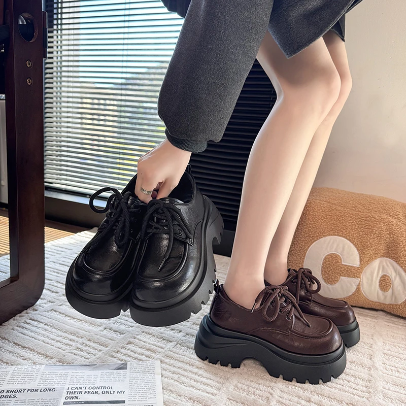 厚底小皮鞋女英伦风秋季2025新款法式单鞋增高系带松糕乐福鞋