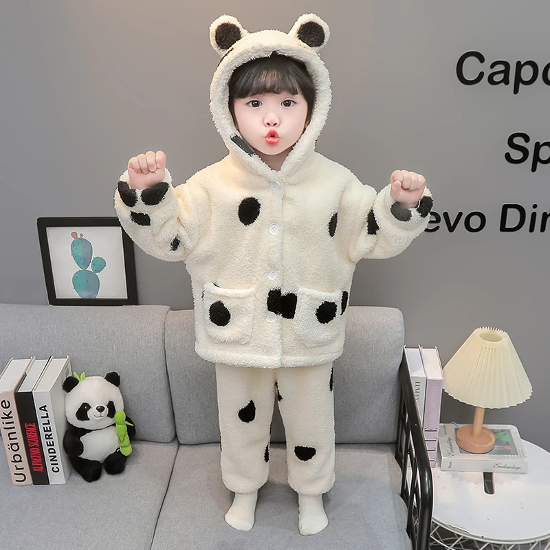 女童加厚睡衣秋冬儿童连帽保暖外穿家居服女孩宝宝双层珊瑚绒睡衣