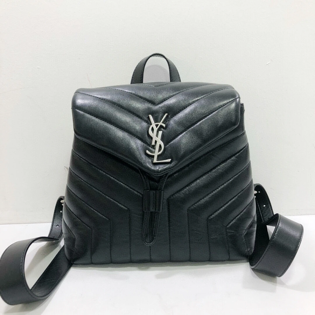 95新 YSL/圣罗兰 圣罗兰全皮黑银LouLou V纹双肩包