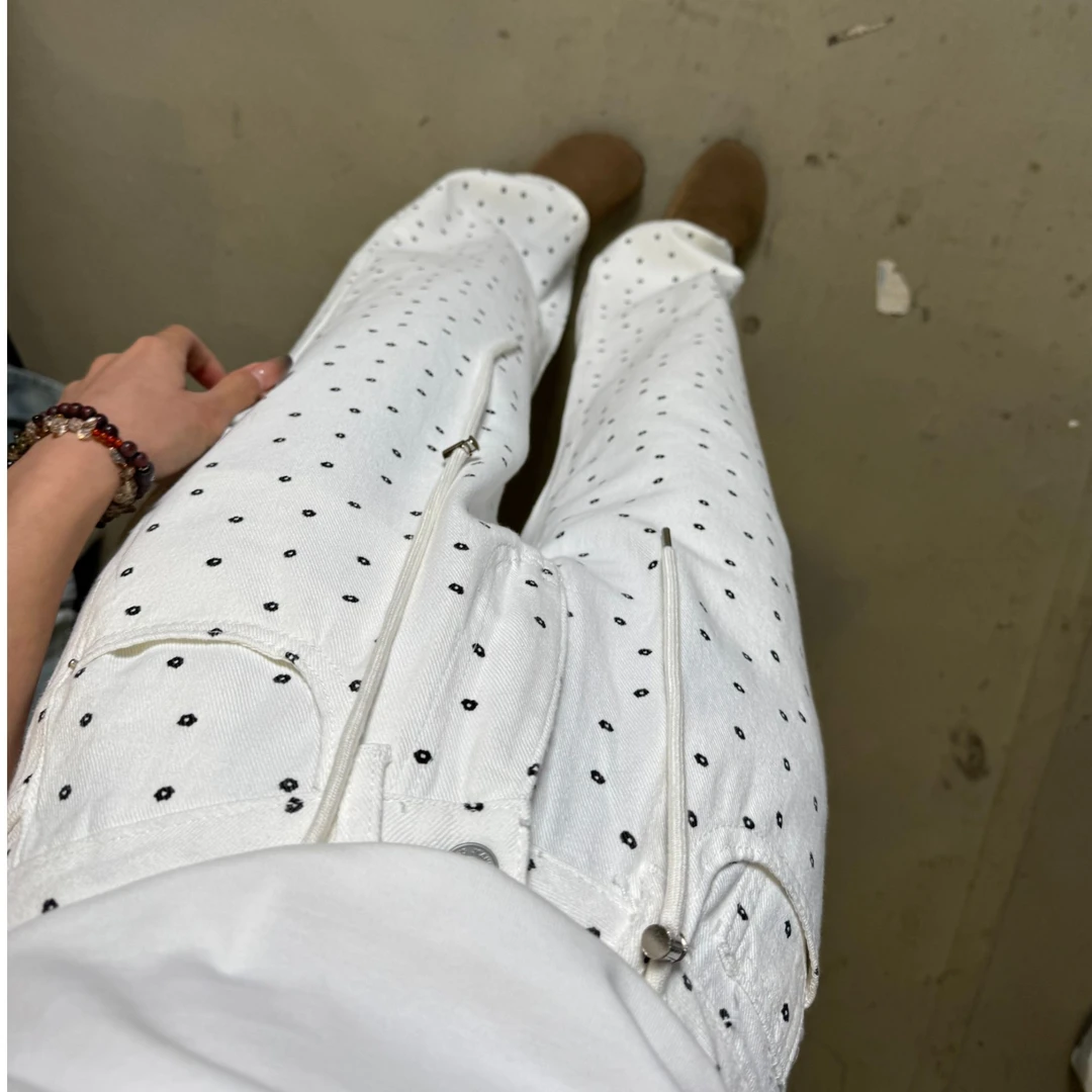 YOYO自制春夏黑色波点经典百搭潮流休闲拖地阔腿裤