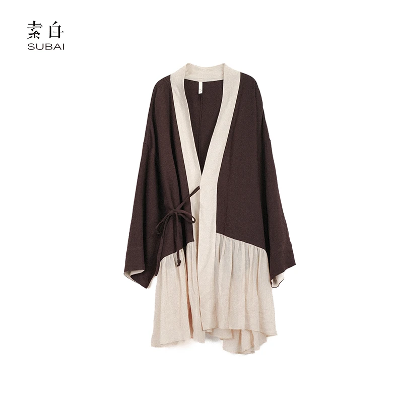 素白艺术风【暮晓】P00987设计师潮流国风亚麻拼接长袖开衫外套