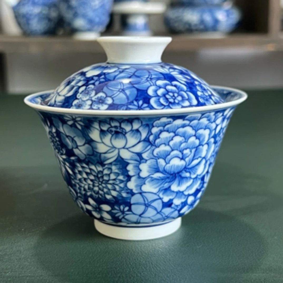 景德镇纯手工手绘柴窑原矿青花内外画偏薄胎盖碗功夫茶具茶碗茶杯