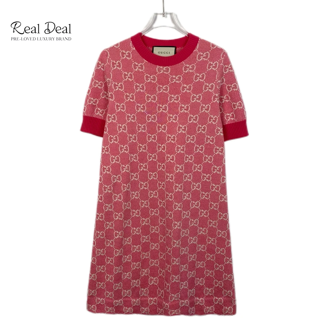 99新 GUCCI/古驰 H12177 粉色logo提花满印羊毛圆领短袖连衣裙