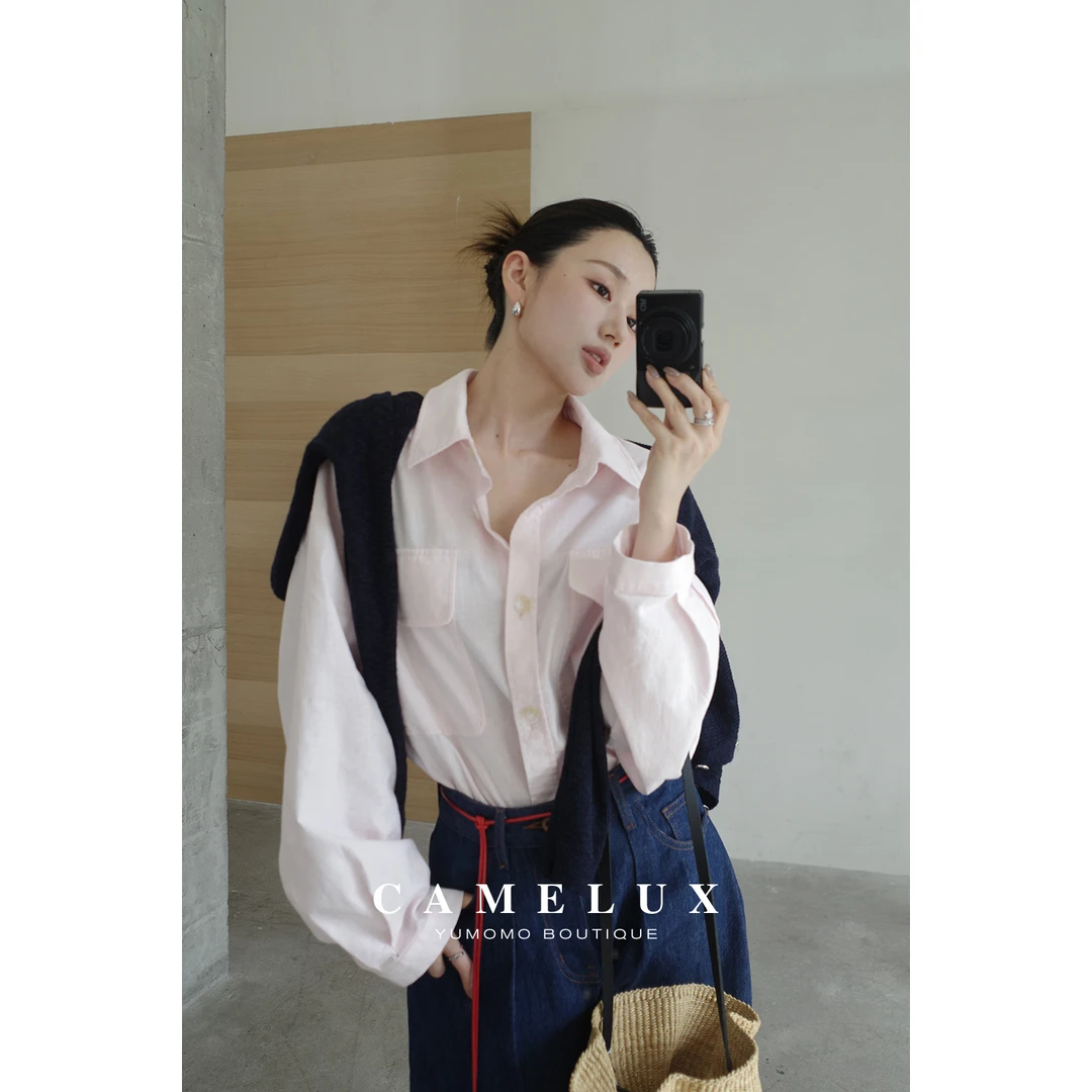 高克重亚麻棉|透气调温 浅粉色宽松休闲棉麻衬衣QCA2056