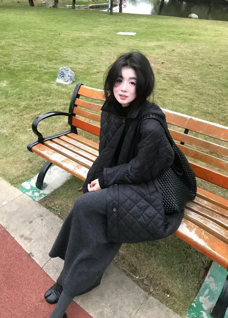 2025秋冬新款菱格加厚中长款棉服外套高领内搭百搭半身长裙三件套