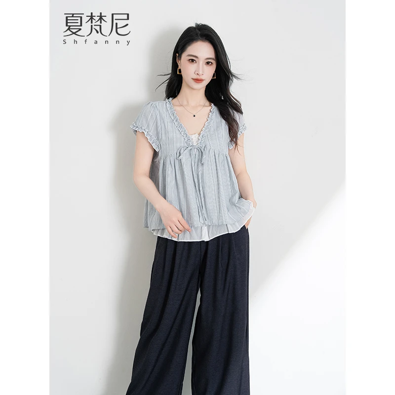 夏梵尼蔚蓝海岸2025年秋新款气质宽松条纹上衣阔腿裤套装