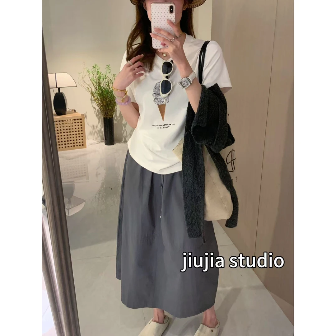 九佳 【ice cream】刺绣新款时尚休闲百搭宽松圆领纯色韩版短袖T恤