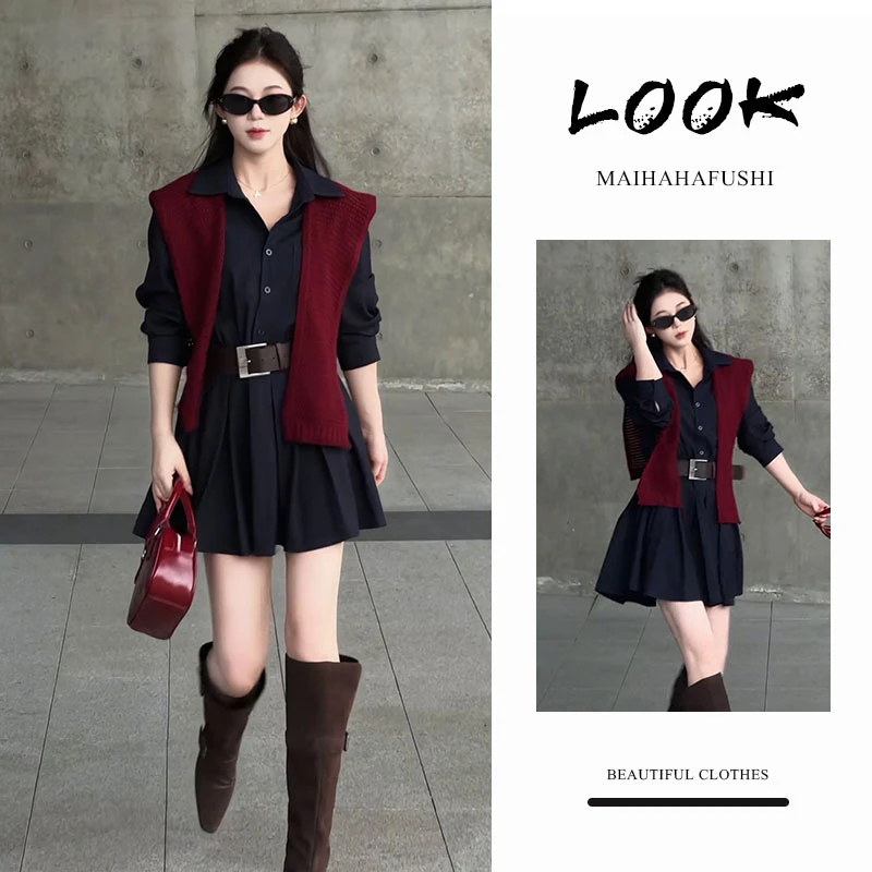 秋季新款短裙单排多扣百褶连衣裙黑色显瘦POLO领搭配披肩两件套装