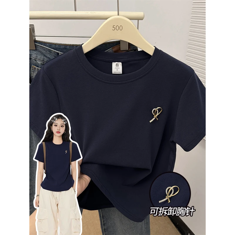 可拆卸胸针修身时尚高弹力圆领上衣精致别针短袖t恤女装显瘦修身