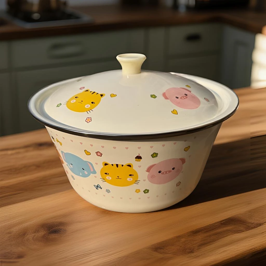 【24厘米卡通】瓷罐家用猪油罐老式搪瓷盆子家用瓷盆带盖特大号