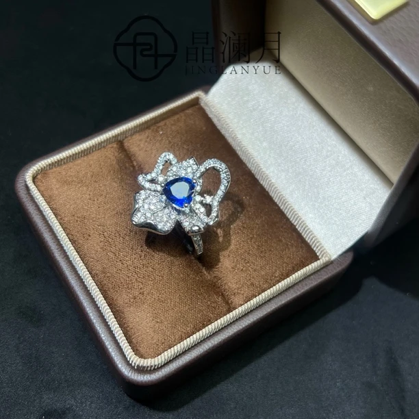 培育蓝宝石【晶澜月】S306镶嵌蓝宝石爱心花瓣戒指 多样性发其一