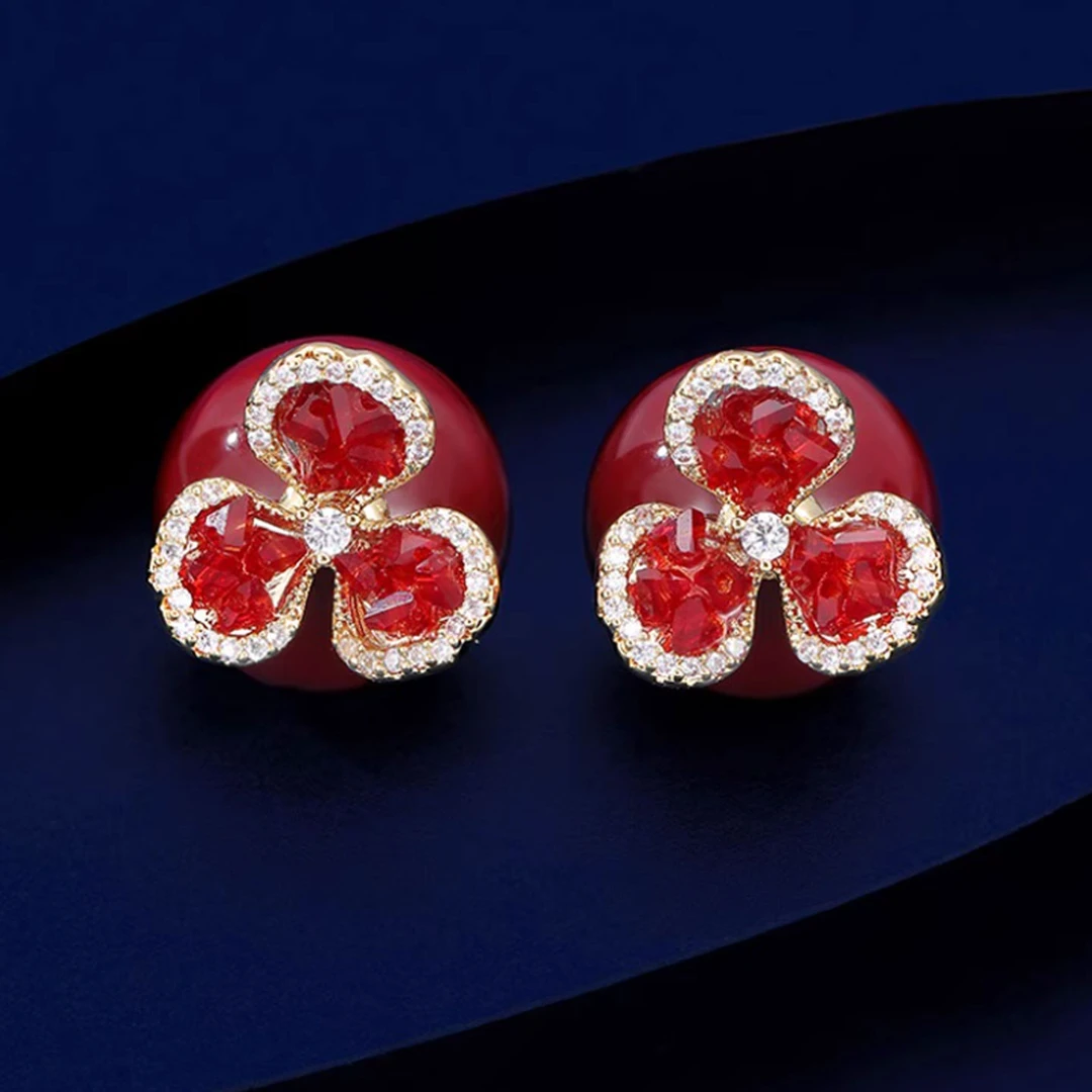 铜合金仿珍珠耳饰 精致红色植物花卉前后戴耳钉女百搭可爱简约