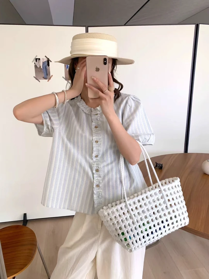 花边条  甜美花边条纹衬衣女新款短袖气质温柔清新小衫