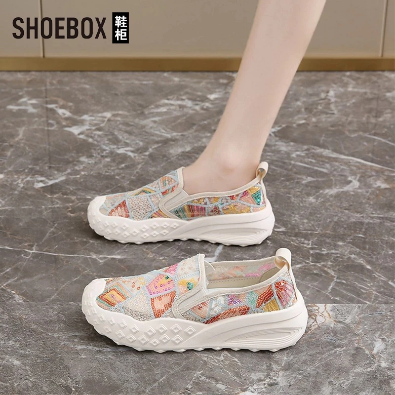 SHOEBOX鞋柜女鞋踩屎感渔夫鞋夏季透气亮片网鞋不累脚软底布鞋